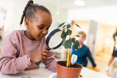 Barn på förskolan tittar på planta genom förstoringsglas.