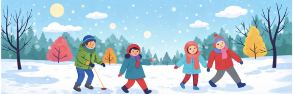 AI-genererad bild av skolbarn i snöigt landskap
