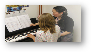 Pedagog och elev på Innovitaskolan som spelar piano.