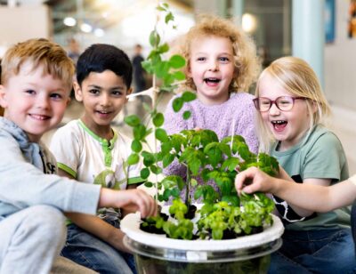 Fyra glada elever som undersöker en växt på Innvitaskolan.