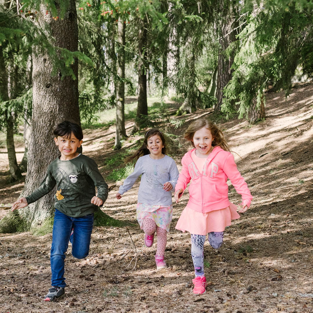 Tre lekfulla barn som springer i en skogsmiljö